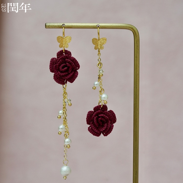 Handmade Micro-Crochet—Red Rose Earrings