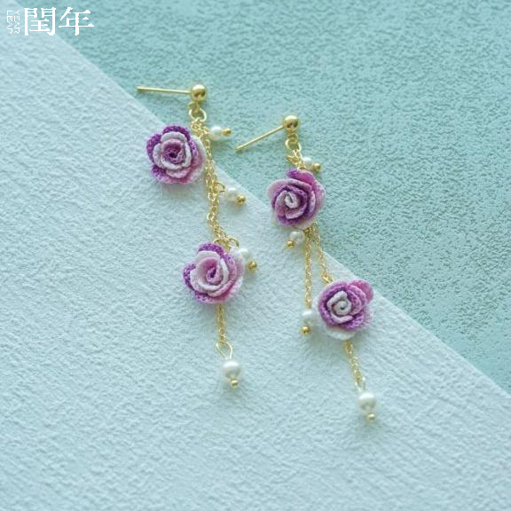 Handmade Micro-Crochet—Rose Pendant Earrings